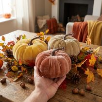 Product Decorative Pumpkins Yellow Beige Reddish Brown Flocked Ø18cm 3 Pcs