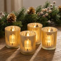 Product Glass tealight holder, silver and gold, city skyline, 12.5cm high, 4 pieces