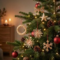 Product Straw stars Christmas tree decorations straw natural red Ø4-6cm 17 pcs