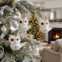 Product Decorative owl with crown for hanging, white, glitter, 6.5 × 8cm, 6 pieces.