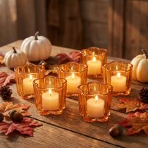 Product Glass tealight holder bowl, flower design, orange, Ø7.5cm, H6cm, 6 pieces