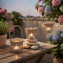 Product Lantern tealight holder glass metal willow Ø10.5cm 3pcs