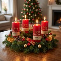 Product Red Advent candles "Merry Christmas" made of stearin and rapeseed wax for Christmas decoration, set of 4, 130/60mm