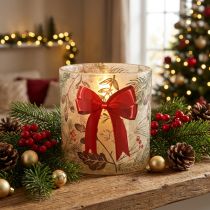 Product Glass votive candle holder with red ribbon and winter branches, 15cm