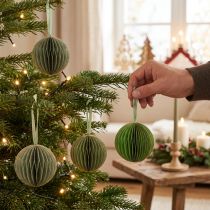Product Christmas baubles, paper honeycomb balls, green and gold, 7cm, 4 pieces, decoration