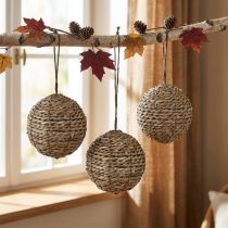 Product Decorative hanging balls, straw balls, grey, Ø15cm, 3 pieces