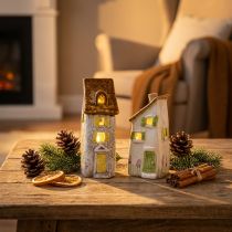 Product Rustic ceramic house with bright LED, ideal as atmospheric table decoration, 15cm, 2 pieces