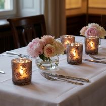 Product Tealight holder table decoration peonies brown silver H8cm 4 pcs
