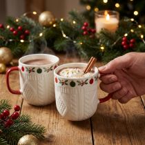 Product Ceramic Christmas mug with knitted pattern and festive decoration 9cm - red-white 2pcs
