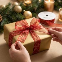 Product Christmas ribbon with stars net red and gold 25mm 18m