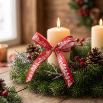 Product Red Christmas ribbon with white houses 15mm 20m