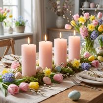 Product Pillar candles, solid colored light pink, 50x100mm, set of 4, Easter candles, table decoration