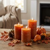 Product Dark orange pillar candles, solid colored throughout, Sunset Rustic, 60x80mm, set of 4, for autumn and Advent decorations