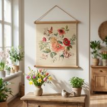 Product Floral decoration wall art, wooden bamboo mat wall decor with jute cord, H44 x W42cm for living room