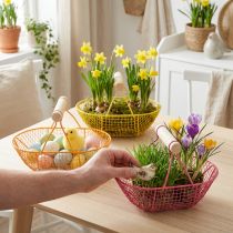 Product Wire basket with wooden handle. Handy design. Ideal for spring decorations, home and office. 17cm, 6 pieces.