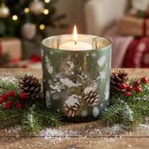 Product Glass tealight holder with pine cones and snowflakes, 15cm