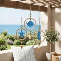 Product Hanging decoration maritime wind chime wood natural blue H35cm 3pcs
