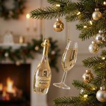 Product Champagne bottle and champagne glass pendant set, Christmas tree decoration, 14cm, 2 pieces