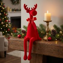 Product Decorative elk figurine with bow, sitting, flocked shelf sitter, 54cm