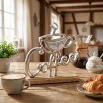 Product Metal decoration coffee silver wooden base natural 17.5x5x18cm