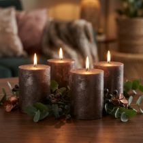 Product Solid-colored brown pillar candles, copper metallic, 70×80mm, set of 4 – decorative candles for style and warmth