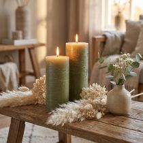Product Set of 2 large olive green pillar candles, decorative candles for table decoration &amp; home ambience, 85x200mm, long burning time