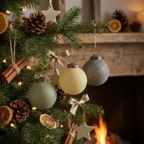 Product Christmas baubles, glass, flocked, yellow/green/grey, Ø6cm, 3 pieces
