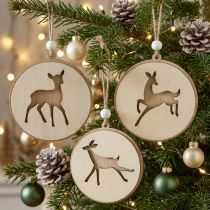 Product Pendant with deer, decoration medallion, wood decoration, Advent Ø9.5cm 6pcs