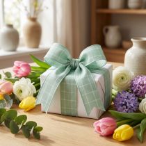 Product Green pastel checkered gift ribbon, decorative ribbon, 35mm wide, 20m long
