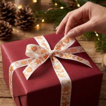 Product Gift ribbon with gingerbread figures. Festive ribbon for Christmas gifts. 25mm x 18m.