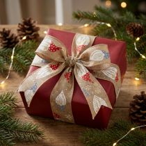 Product Decorative ribbon with Christmas gnomes on jute ribbon, winter motif, 60mm x 10m