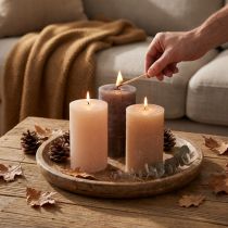 Product Decorative pillar candles, 3-color mix of brown tones, solid color, 70x120mm, set of 12 for ambiance &amp; home