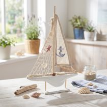 Product Sailboat decoration wood pine on base natural white H39cm