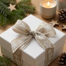 Product Decorative ribbon Christmas snowflake grey white W25mm L20m