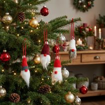 Product Gnome with pointed hat for hanging, red, white, grey, L10–12cm, 12 pieces