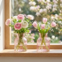 Product Glass flower vase, retro, pink tinted, Ø11cm, H14.5cm, 2 pieces