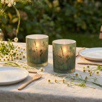 Product Decorative Glass Lantern Green White Motif Meadow H12.5cm 2 Pcs