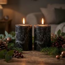 Product Black pillar candles, dyed throughout, 85x120mm, set of 2, rustic table decoration