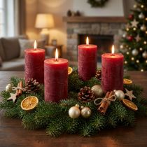 Product Rustic pillar candles in dark red, 70x120mm, set of 4, long burning time, marbled, stylish holiday decoration