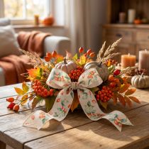 Product Gift ribbon, autumn design with rosehips and leaves, 40mm x 18m