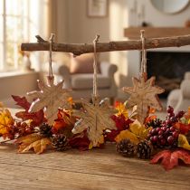 Product Maple leaf wood decoration autumn green red brown H10cm 6 pieces