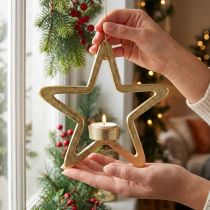 Product Decorative star tealight holder for hanging metal golden 20cm