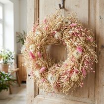 Product Decorative wreath, oat wreath, natural wreath, strawflowers, pink, Ø29cm