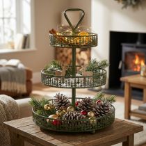 Product Metal tiered serving stand, green, three tiers, fir decor, round, 49cm