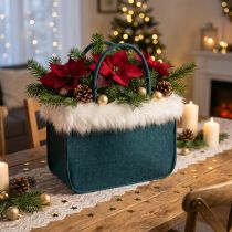 Product Felt bag with fur edge petrol 38cm x24cm x 20cm