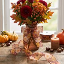 Product Gift ribbon in autumn colors, organza ribbon with floral pattern, 40mm, 15m