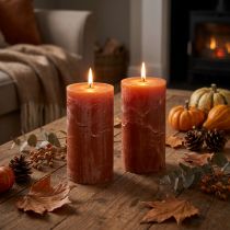 Product Pillar candles, set of 2, dark orange, 85 x 150 mm, solid color, long burning time – decorative candles for living spaces, festive occasions and romantic settings