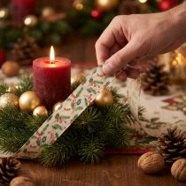 Product Decorative ribbon with holly and berries, dimensionally stable edge, 25mm, 18m