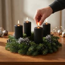 Product Elegant black pillar candles with grooved design, 70/130mm, set of 4 - Versatile decorative candles for Advent and celebrations