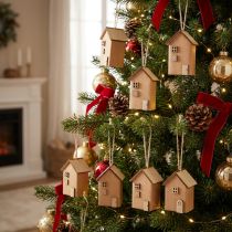 Product Decorative House 9 Pieces Christmas Tree Ornaments Reddish Brown Wood